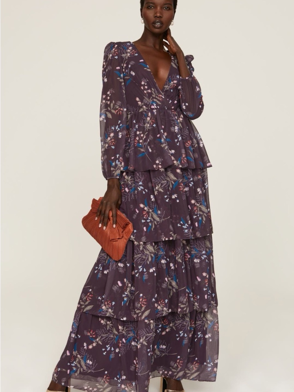 Leena for Mac Duggal~Purple Floral Tiered V-Neck Maxi Dress~Size 4~$398